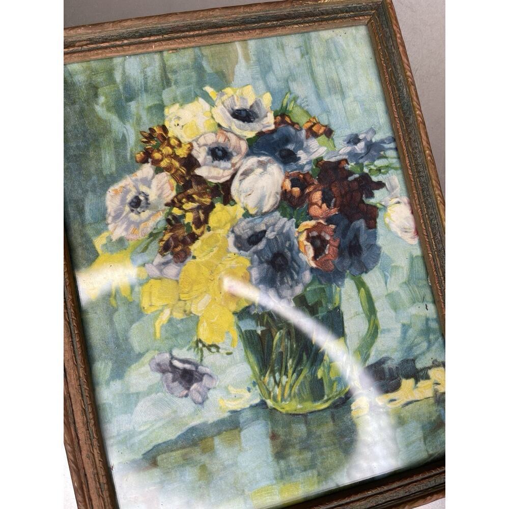 Vintage Antique Floral Botanical Lithograph Print Art Framed Blue Greens Flowers